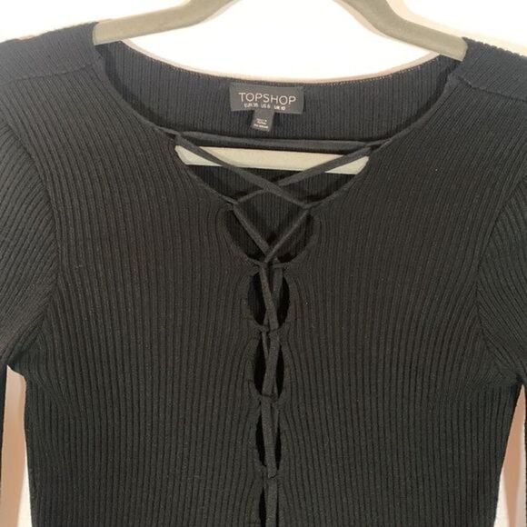 Topshop Black Ribbed Front Cage Tie-Up Long Sleeved Top - Picture 3 of 8